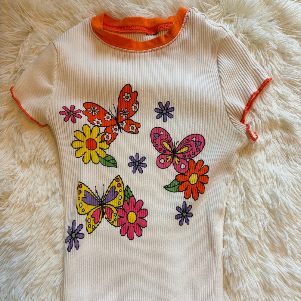 SHEIN Women’s Butterfly Floral Ribbed Lace Trim Tight-Fitted T Shirt Size XS